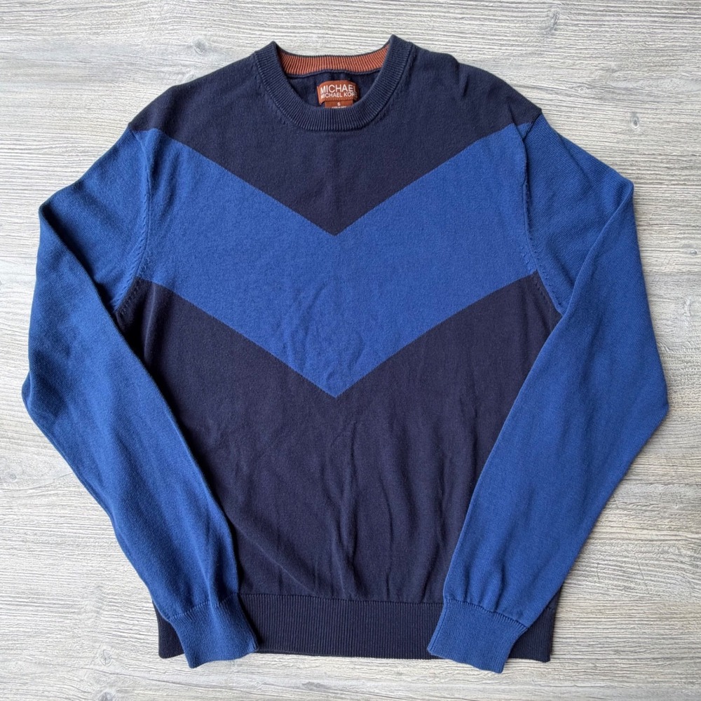 Michael Kors Mens Blue Chevron Colorblock Cotton Crewneck Sweater Small Academia